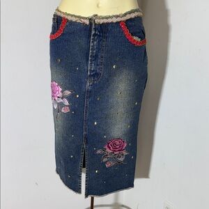 Embroidered Denim Skirt with Floral Accents